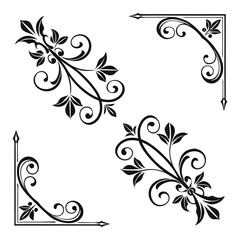 Ornate floral corner flourishes with swirling leaves and decorative elements vector