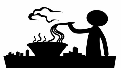 Silhouette of a person holding noodles over a steaming bowl with city skyline in the background art