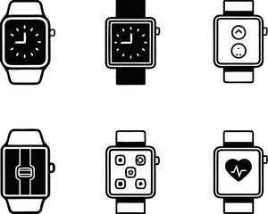 Modern smartwatch icons depicting fitness tracking and time measurement in vector format