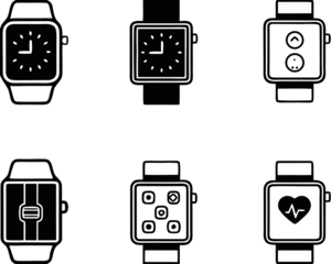 Modern smartwatch icons depicting fitness tracking and time measurement in vector format