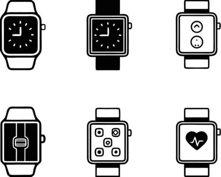Modern smartwatch icons depicting fitness tracking and time measurement in vector format