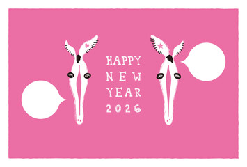 長ーい顔の馬の年賀はがき2026 png〜ピンク〜