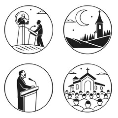 Fototapeta premium Preacher speaking at podium church gathering night sky with moon religion