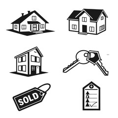 Real estate icons houses keys sold checklist home building
