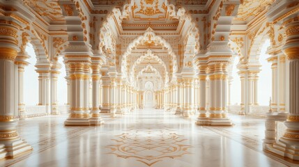Fototapeta premium Luxurious, ornate architectural hallway with white columns and golden details.