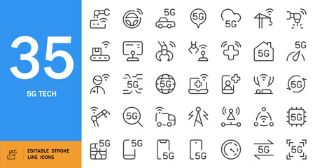 5G tech icon set. Futuristic connectivity vector icons. Includes symbols for VR, industrial lasers, cars, video streaming, remote work and more. Minimalist line art. Editable stroke.
