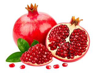  Whole and Halved Pomegranate with Scattered Seeds – Isolated on White Background