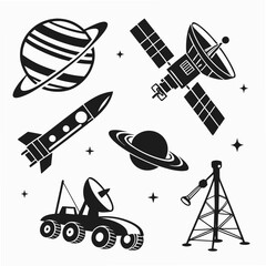 Space exploration icons rocket satellite planets rover vector