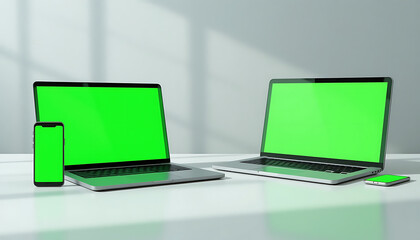 Fototapeta premium A highly detailed, photorealistic digital product mockup featuring a sleek, modern smartphone, tablet, and laptop, each displaying vibrant green screens, arranged in a harmonious, symmetrical composit