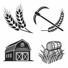Wheat stalks sickle barn and barrels icons harvest