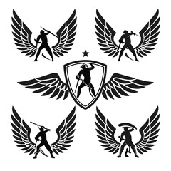 Winged warrior emblems with swords and shields badge silhouette