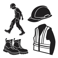 Worker safety attire and equipment silhouettes helmet vest
