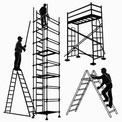 Workers assembling scaffolding and climbing ladders construction building