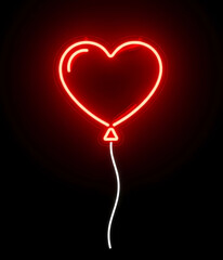 Glowing neon sign of a heart-shaped balloon, with red neon tubing for the heart and a thin white string. The glow subtly diffuses, giving a dreamy, romantic, and isolated appearance.