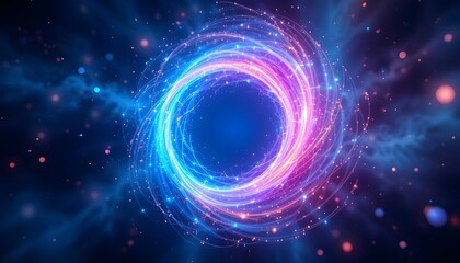 Abstract depiction of a swirling vortex with blue and pink light in a dark space background