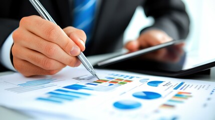 Caucasian man writing financial charts in office during daytime