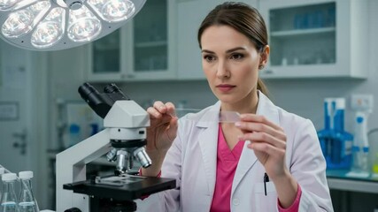 A focused female scientist in a white lab coat examines a glass slide before placing it under a microscope in a modern research laboratory. - Powered by Adobe
