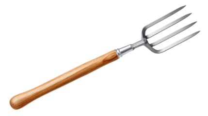 Garden fork isolated on transparent background with wooden handle and metal prongs