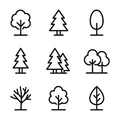 Botanical tree icons collection vector. Outline symbols. Line design