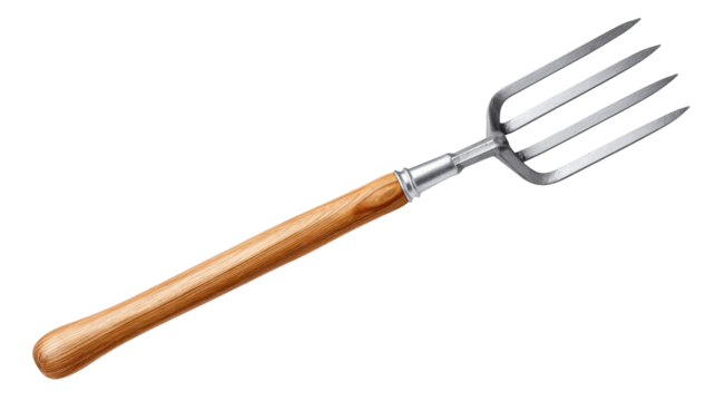 Garden fork isolated on transparent background with wooden handle and metal prongs