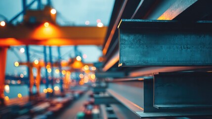 Obraz premium Close-up of steel beams in industrial setting, symbolizing trade restrictions and economic impact, representing industrial challenges and global commerce concepts.