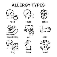 Fototapeta premium Allergy and allergen warning icons. Outline symbols. Line design