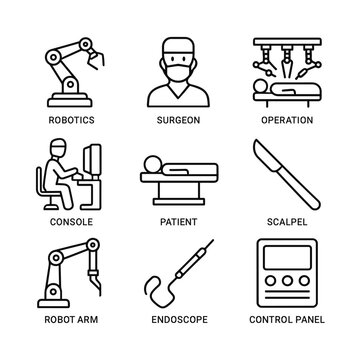 Healthcare robotics and surgery icons. Outline symbols. Line design