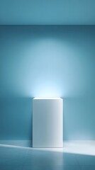 Elegant minimalist podium on a gradient wall, white floor and pastel blue lighting