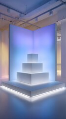 Obraz premium Chic podium setup in a white room with pastel blue gradient corner lighting
