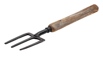 Old garden fork isolated on transparent background with wooden handle and metal prongs
