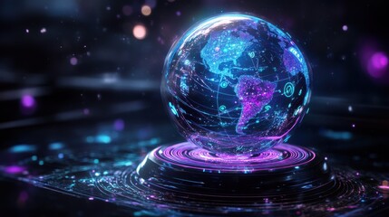 Illuminated globe with digital data connections in dark setting