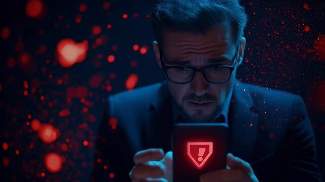 A man in a dark suit, looking intently at a smartphone displaying a red alert symbol