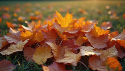 Fallen autumn leaves in serene grassy area outdoors