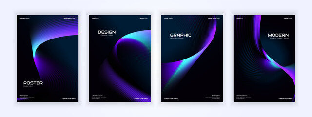 Elegant abstract wave posters with vibrant blue and purple gradients for modern creative covers.