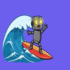 A cheerful cartoon robot with glowing eyes rides a vibrant wave on a red-orange surfboard, set against a bold purple backdrop. The playful pose and dynamic scene blend technology with tropical fun.