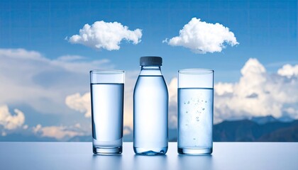 Three containers of clear water against a bright sky