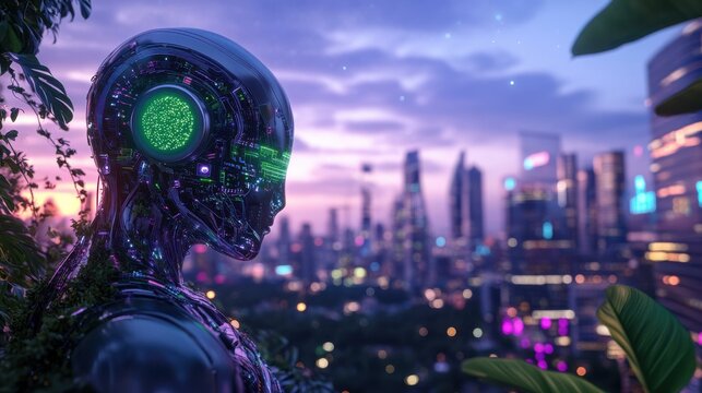 Contemplative robot overlooking futuristic cityscape at twilight