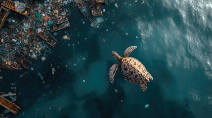 Naklejka premium A solitary sea turtle gliding through polluted waters, surrounded by debris, highlighting the urgency of ocean conservation and marine life protection