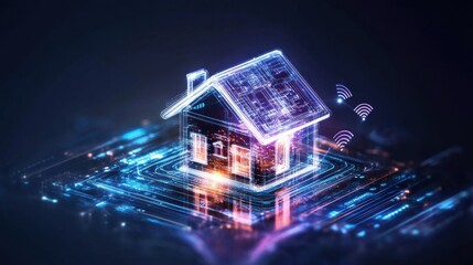 Digital rendering of a futuristic house with wifi connectivity symbols