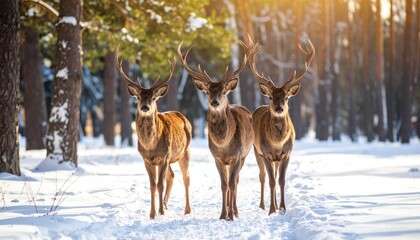 Three deer in a snowy forest