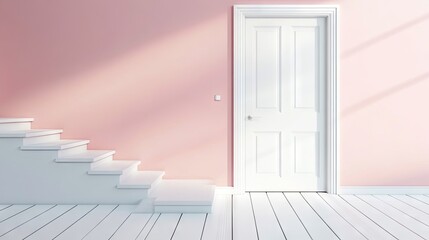 Obraz premium White stairs and a white door in a light pink room.