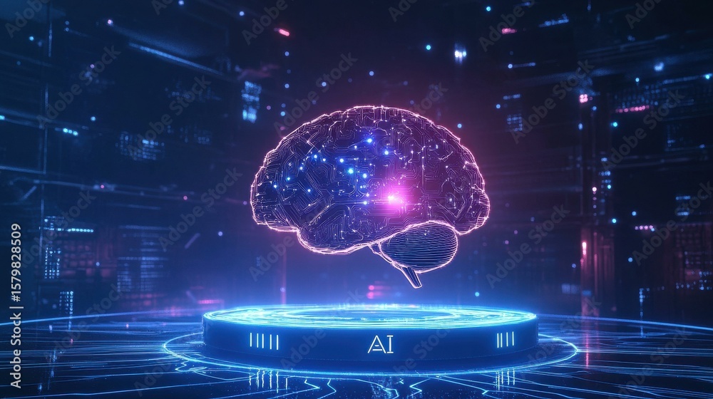 Fototapete digital brain with glowing circuits in abstract setting at night