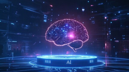 Digital brain with glowing circuits in abstract setting at night