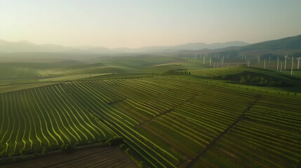 drone view of wind turbines scattered across patterned agricultural farmland, visible crop lines, clean sky, sustainable energy in farming landscape