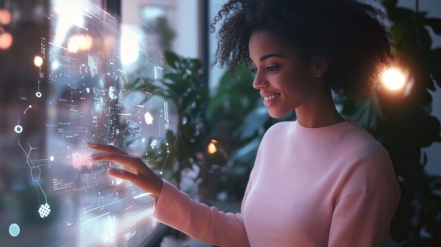 Young African American woman interacting with holographic interface indoors