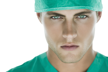 Close up of a serious male surgeon wearing scrubs.