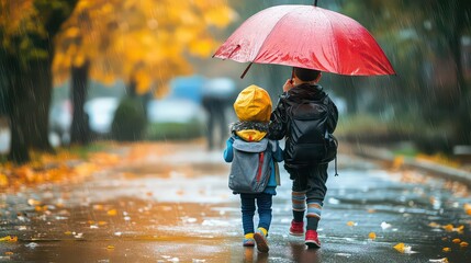 Two children walking in the rain under a red umbrella on a wet autumn street with fallen leaves around