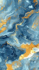 Abstract blue and gold marble texture with swirling patterns and metallic accents