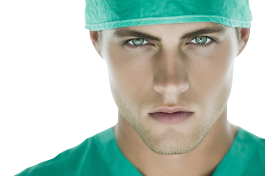 Close up of a serious male surgeon wearing scrubs. - Powered by Adobe