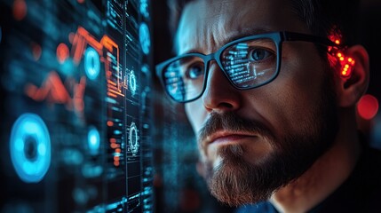 High-tech forensic investigator analyzing cybercrime evidence with AI